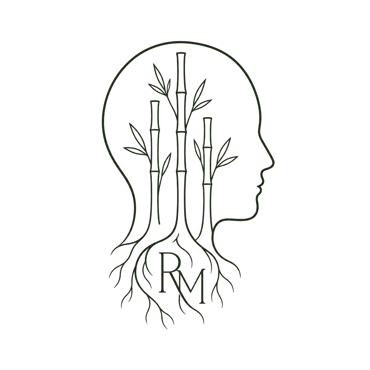 Ilustración de perfil con cañas de bambú y raíces, logotipo de Rebeca Múgica